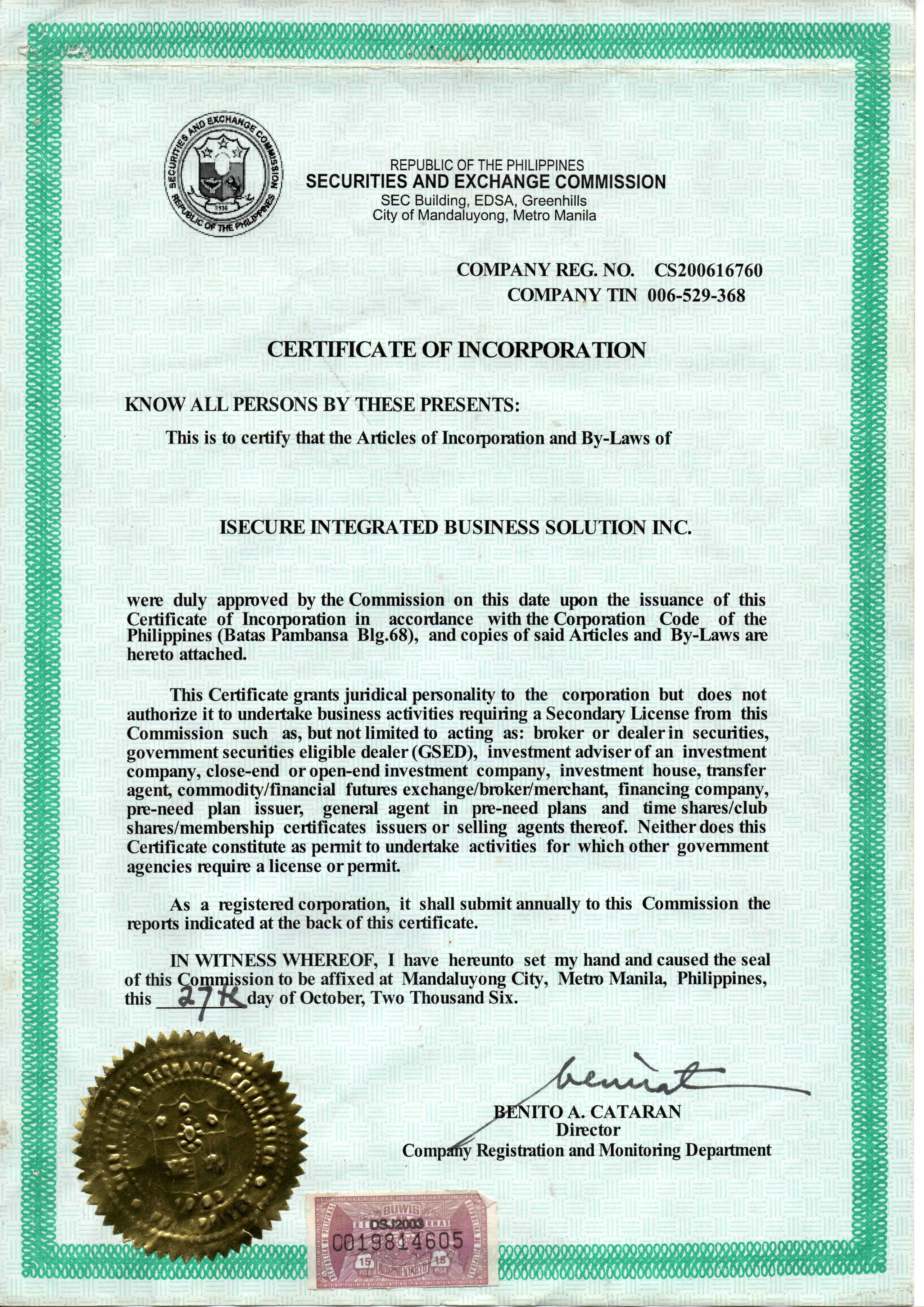 BIR Tax Registration Certificate